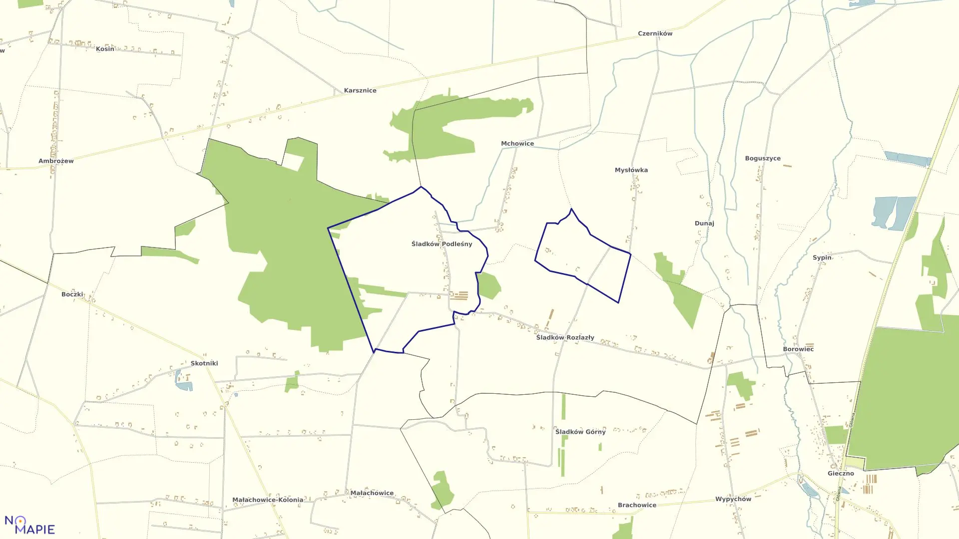 Mapa obrębu ŚLADKÓW PODLEŚNY w gminie Piątek